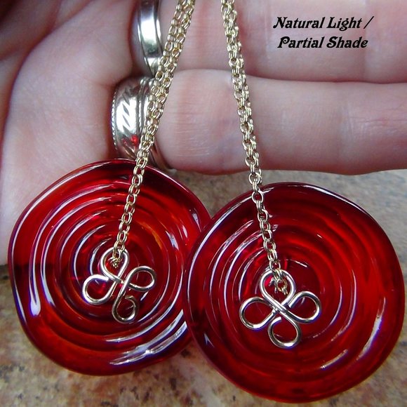 NWOT Red Pressed Glass Earrings, Handmade w/14k Gold Filled Chain - 3 3/4" - Picture 2 of 11